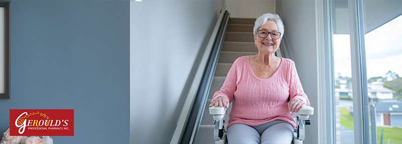 Senior woman on a stair lift at the bottom of the stairs in her home